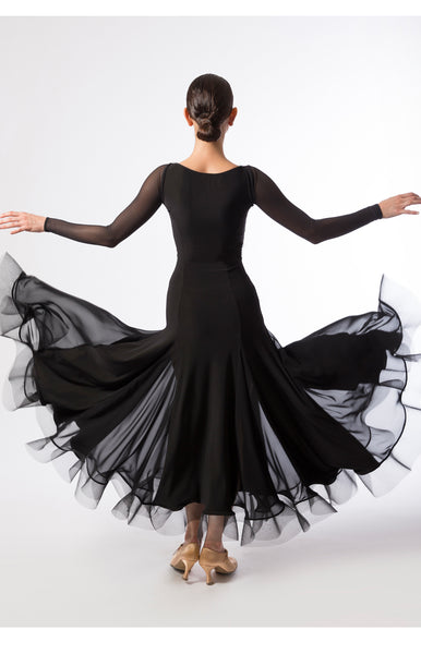 Elegant ballroom practice dress made with luxury crepe fabric, with georgette inserts, long sleeves in stretch net and full crinoline hemline.  Perfect for ballroom practice, performance and DanceSport. from dancewear for you australia