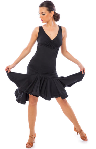 sasuel karina latin dress with full skirt and crinoline hem and deep v neckline from dancewear for you australia and nz dancesport dancewear
