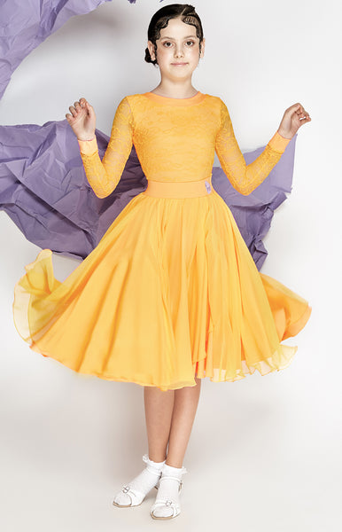 sasuel juvenile ballroom dress with long sleeved lace leotard and skirt with multiple layers of georgette from dancewear for you australia