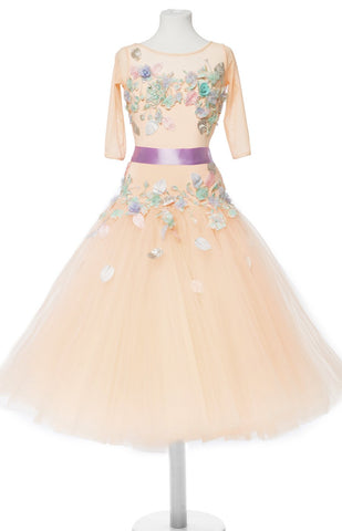 Ballroom dress in full tulle/net skirt, first layer is pleated in 3/4 length, the top decorated with  flowery embroidery, lace,  3d flowers and petals, in pastel colours. Short stretch mesh gloves with satin ribbons.  This stunning, fully completed, ready to wear Junior Ballroom DanceSport Competition Dress can be created in any colour and size.
