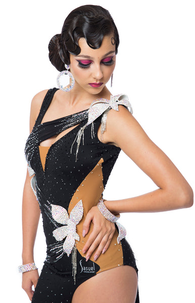 Latin dress with nude lycra insertions on the sides, 3D crystal flower applications, Jet and Ab Crystals, fully stoned and decorated. Bracelets included.  This stunning, fully completed, ready to wear Latin DanceSport Dress can be created in any colour and size.
