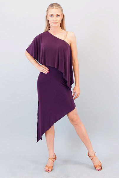 FREE Australia-wide Shipping.  Best price worldwide  A striking asymmetrical dress, with a one shoulder cape like ruffle.  Opposing diagonal lines elongate the body.  Nude strap adds extra support.  Side slits provide a full range of motion is this beautiful style.  Unlined without bodysuit.  A stunning look for latin & tango, or even for a formal night out. 