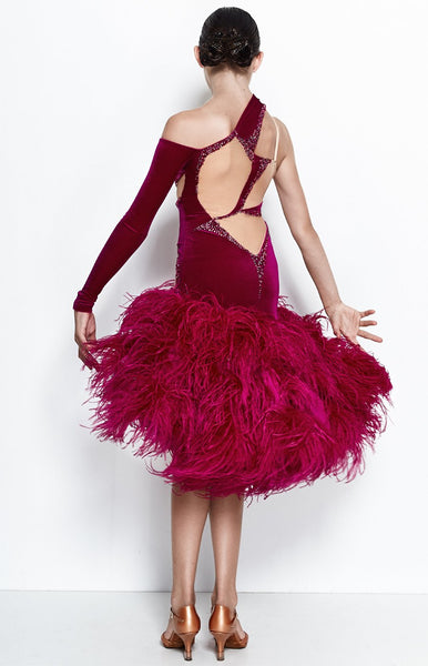 Special junior and youth latin dress with full ostrich feather skirt in fuchsia pink, top in smooth velvet with stretch net nude insertions. The body is decorated with Fuchsia, Fuchsia Ab and Rose Swarovski crystals along the nude insertions. Full back, asymmetrical sleeve and slit on the skirt, perfect for Junior II and youth category dancesport.