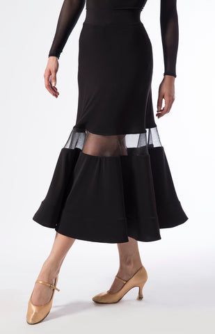 ballroom skirt with a 3/4 length, see-through insert and hidden crinoline at the hemline