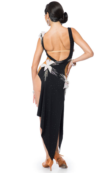 Latin dress with nude lycra insertions on the sides, 3D crystal flower applications, Jet and Ab Crystals, fully stoned and decorated. Bracelets included.  This stunning, fully completed, ready to wear Latin DanceSport Dress can be created in any colour and size.