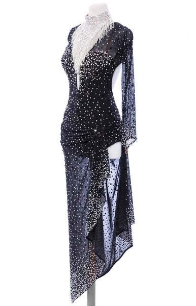 Sexy latin dress, covered with full Swarovski and Preciosa AB crystals, on black stretch mesh fabric, asymmetrical skirt, bare back and bare leg for a latin and dynamic effect on the dance floor.  The necklace is included, full of Swarovski beads and flatback crystals.