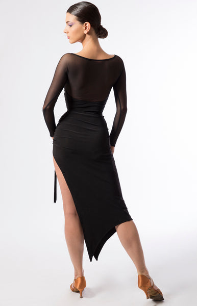 Elegant latin and tango dance skirt with rouched side, slimline cut, high side split and fringed tassel detailing.  Made with Luxury Crepe.  Also available in simple matte lycra fabric.   Perfect for Latin or Tango practice, performance or competition from dancewear for you australia and sasuel