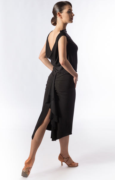 Latin & Evening Wear Dress with draping detail at the back, slim fit skirt, with high split at back and frill attached for dynamic movement.  Perfect for Latin or Tango practice, performance or dancesport. from dancewear for you australia