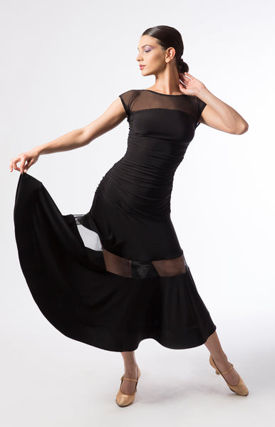 Ballroom practice dress with stretch net upper part, crinoline inserts and rouched detailing around sides with a 3/4 length skirt.  Perfect for ballroom practice, performance and DanceSport.  Made with luxury crepe from dancewear for you and sasuel design