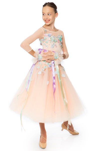 Ballroom dress in full tulle/net skirt, first layer is pleated in 3/4 length, the top decorated with  flowery embroidery, lace,  3d flowers and petals, in pastel colours. Short stretch mesh gloves with satin ribbons.  This stunning, fully completed, ready to wear Junior Ballroom DanceSport Competition Dress can be created in any colour and size.